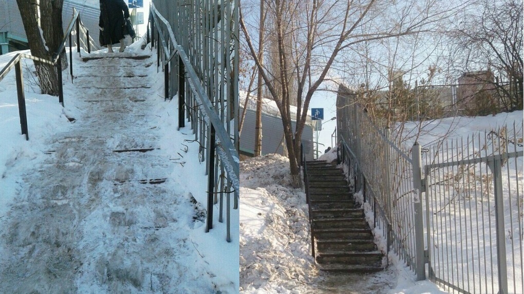 Жалоба в соцсети помогла очистить в Омске от снега опасную лестницу